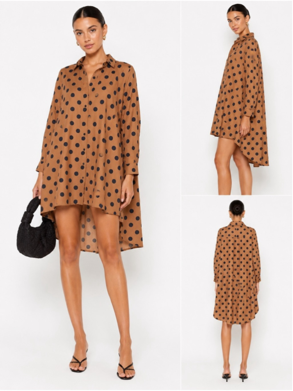 Lennard Taylor Polka Dot High-Low Button-Down Tunic Top - Brown/Black